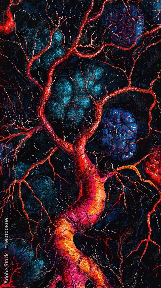Poster abstract neuron structure with vibrant colors and textured background
