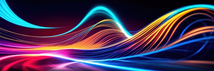 Abstract waves, vibrant colors, fluid motion, energy flow, neon light trails, dynamic curves, electric blue, fiery orange, deep purple, digital art, 3D render, high contrast, glossy texture, futuristi
