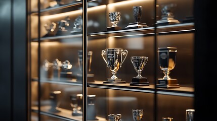 A display case filled with various trophies and awards, showcasing achievements.