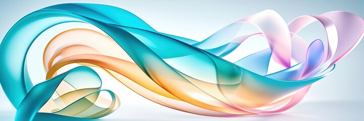Abstract flowing ribbons, vibrant colors, teal blue, orange, pink, translucent waves, ethereal movement, soft gradients, light reflections, smooth curves, dynamic composition, artistic background, dig