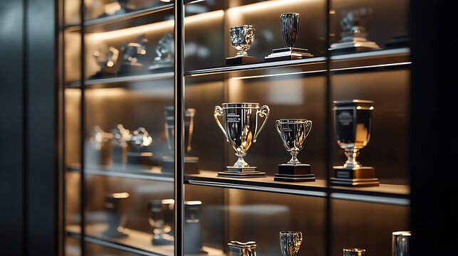 A display case filled with various trophies and awards, showcasing achievements.