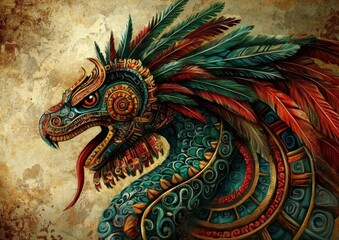 Obraz premium Detailed artwork capturing the essence of Quetzalcoatl as a revered deity in Mesoamerican history.