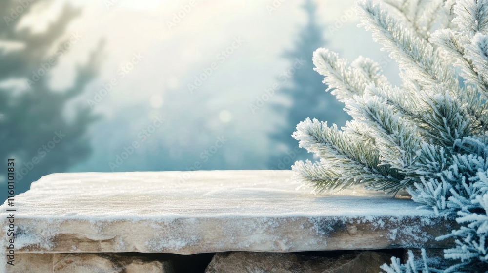 Poster frosty winter scene with snow-covered stone surface and pine branch, ideal for product display.