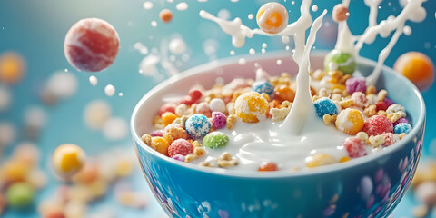 Colorful cereal splash closeup, Breakfast cereal splash art, Vibrant milk splash in cereal bowl, Fun cereal photography