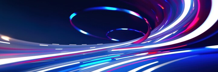 Abstract, swirling lights, neon blue, purple hues, dynamic curves, motion blur, cosmic, futuristic, digital art, high contrast, glossy surface, energy trails, vibrant colors, sleek design, technologic