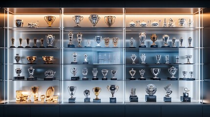 A display case filled with various trophies and awards, showcasing achievements.