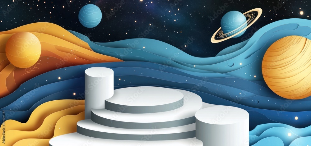 Poster abstract cosmic paper art backdrop with 3d podium.