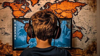 Child engaged in online learning with world map backdrop and dual computer screens in a cozy study setting - Powered by Adobe