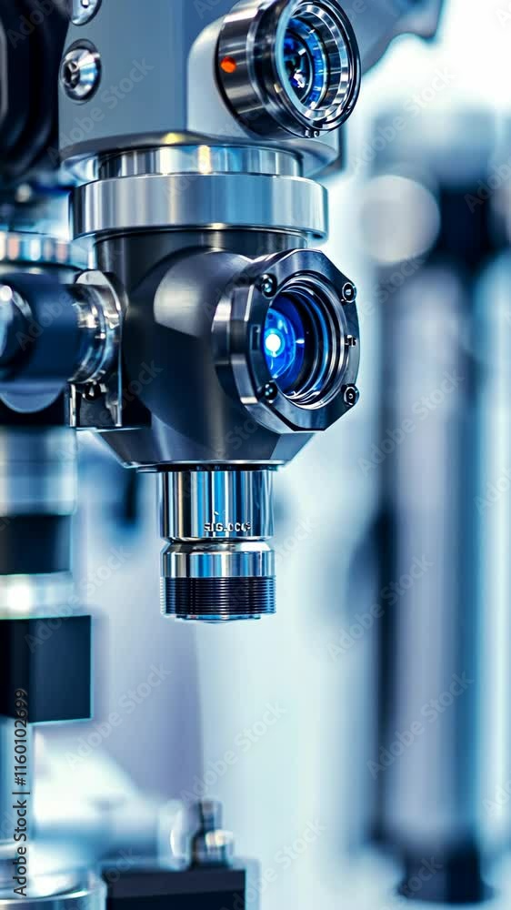 Poster close-up view of a sophisticated optical lens in a high-tech laboratory setting showcasing precision