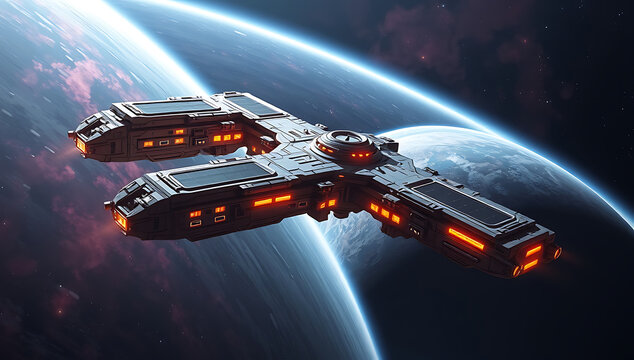 A futuristic 3D representation of a space station orbiting a distant exoplanet, with glowing docking bays, solar panels, and high-tech architecture set against a nebula-filled sky. Perfect for space e