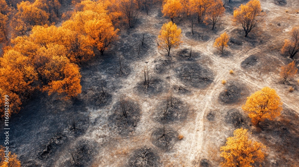 Poster aerial view of a forest after a wildfire. burnt trees and ground contrast with vibrant yellow foliag