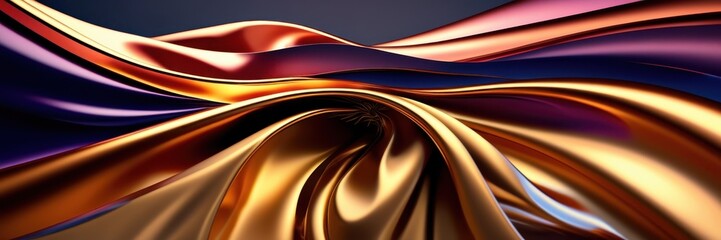 Abstract waves, liquid gold, purple velvet, smooth curves, flowing motion, metallic sheen, dynamic composition, luxurious textures, vibrant colors, swirling patterns, glossy surface, fluid art, rich c