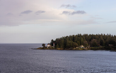 Lighthouse and Forested Coastline on a Remote Island Under a Vast Sky