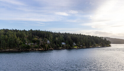 Serene Coastal Landscape of Forest and Houses Along the Water