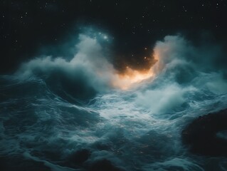 Fototapeta premium Celestial Waves Crashing Under Starlit Sky