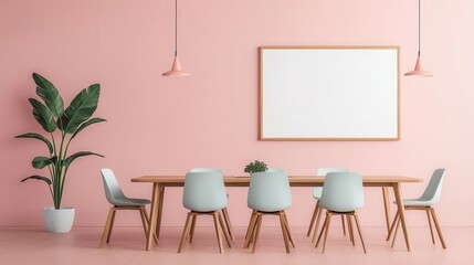 Conference room with soft pastel walls, minimalist seating, and digital presentation equipment for professional meetings, pastel conference room, calm, modern look