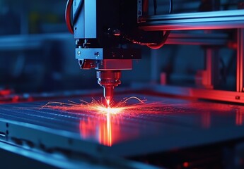 A close-up of an industrial laser machine in action, with sparks flying as it cuts through metal material on the table below. The background is blurred to emphasize the focus and energy of the scene.