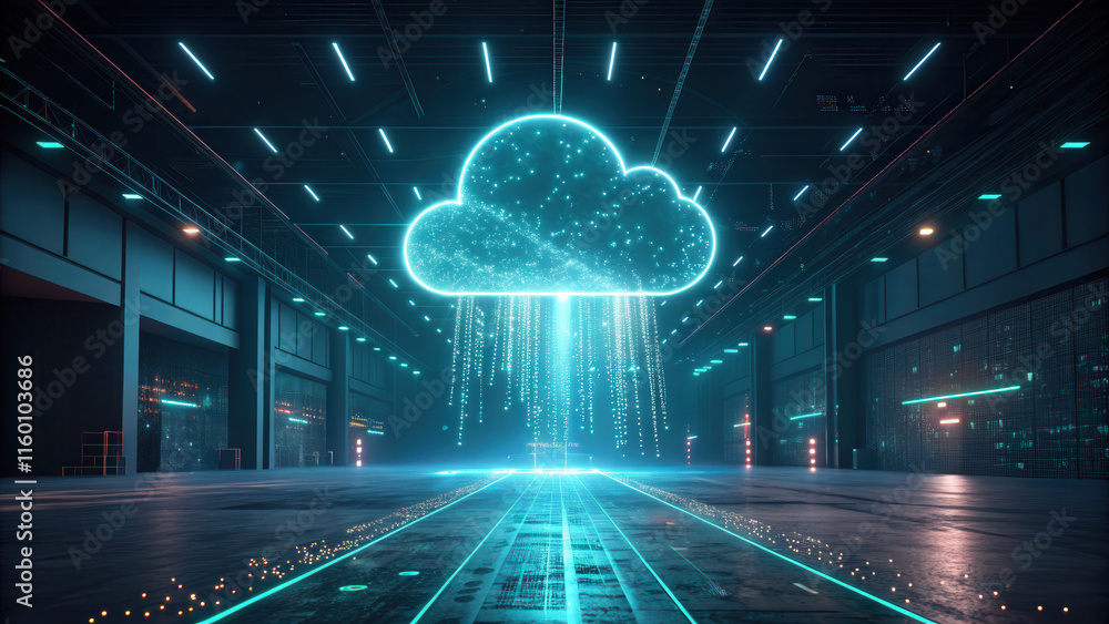 Poster futuristic cloud with data streams in high tech environment, showcasing advanced technology and digi