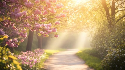 Sunlit path through blooming spring trees and flowers.
