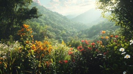 Lush Mountainside Oasis with Blooming Flowers