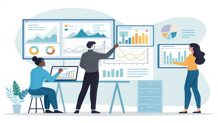 Creative marketing meeting with data analysis and visual presentations. Team members engage with charts and graphs, showcasing insights and