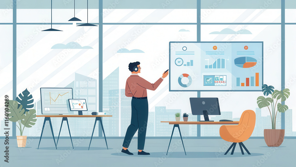 Aufkleber social media manager analyzing data in modern office with charts and graphs. workspace features plan