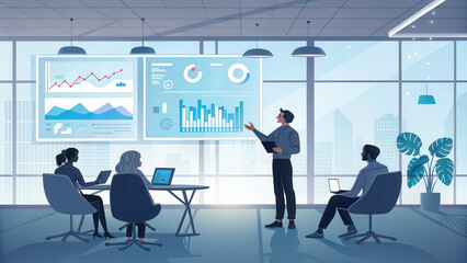 social media manager presenting analytics in modern office setting. team is engaged, analyzing data on large screens