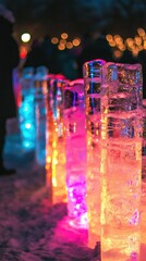 Colorful Ice Sculptures with Lights at Night Festival in Winter