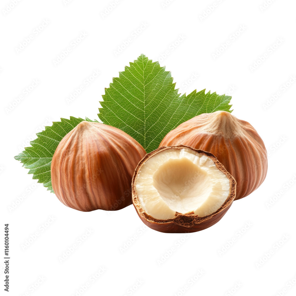Poster hazelnuts with leaves isolated transparent background