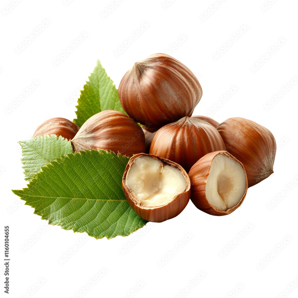 Poster hazelnuts with leaves isolated transparent background