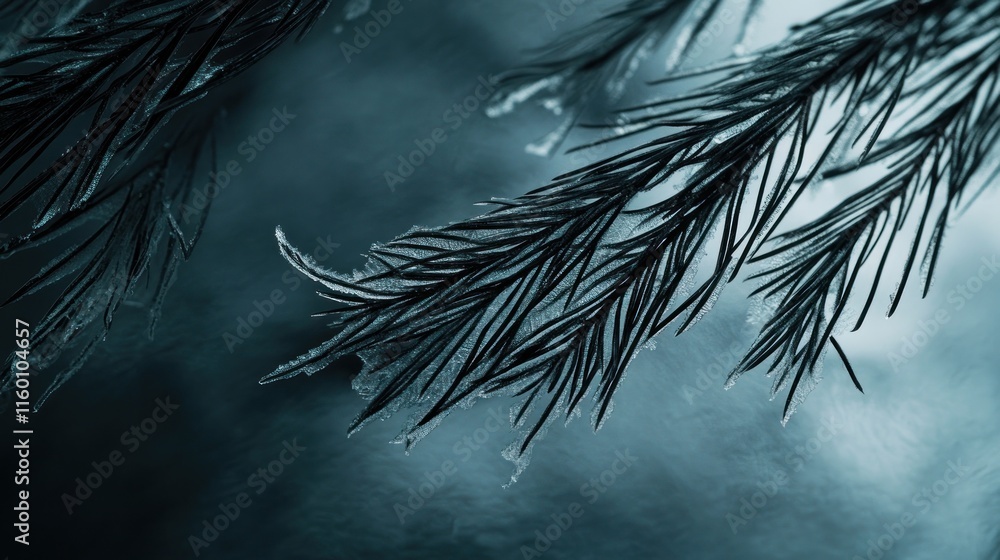 Poster close-up of frost-covered pine needles on dark moody background.