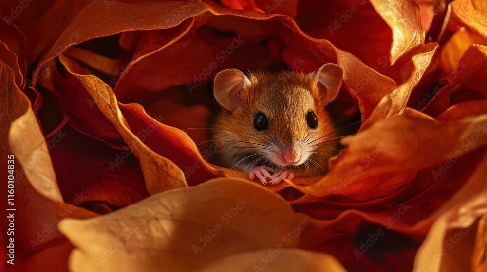 Poster tiny mouse nestled in autumn leaves.