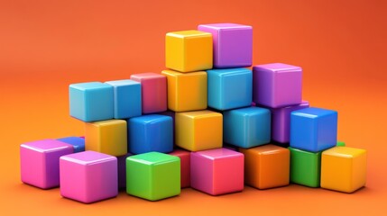 Colorful Blocks Stacked in a Creative Formation on an Orange Background
