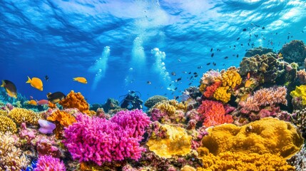 Obraz premium An exhilarating scuba diving adventure in a vibrant coral reef, Diving equipment prepared on a sturdy dive boat deck, Underwater exploration style