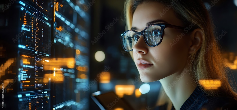 Poster a focused individual analyzing data on a digital interface.