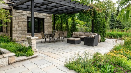 Fototapeta premium Elegant Outdoor Patio Design with Modern Furniture and Greenery