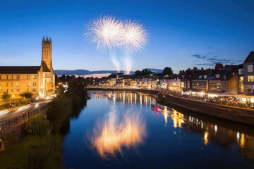 Fototapeta premium Fireworks Display Over River Cityscape at Night