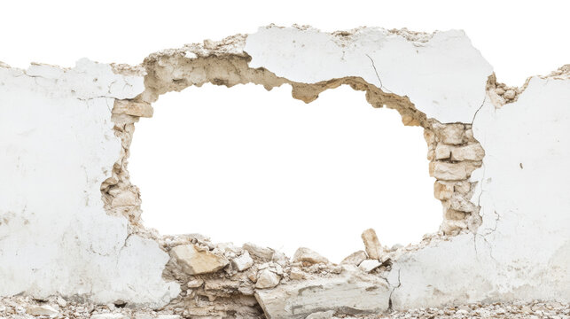 Hole breaking through white wall isolated transparent background