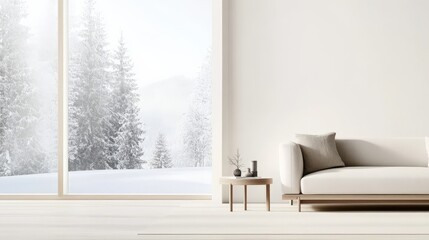 Cozy Modern Living Room with Minimalist Design and Snowy Winter Landscape Through Large Window, Evoking Peace and Tranquility in a Serene Environment