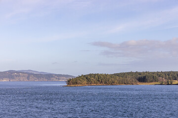 Scenic View of Coastal Landscape with Forested Island and Blue Ocean Waters