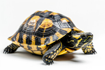 Obraz premium A vibrant tortoise with striking black and yellow patterns on a white background.