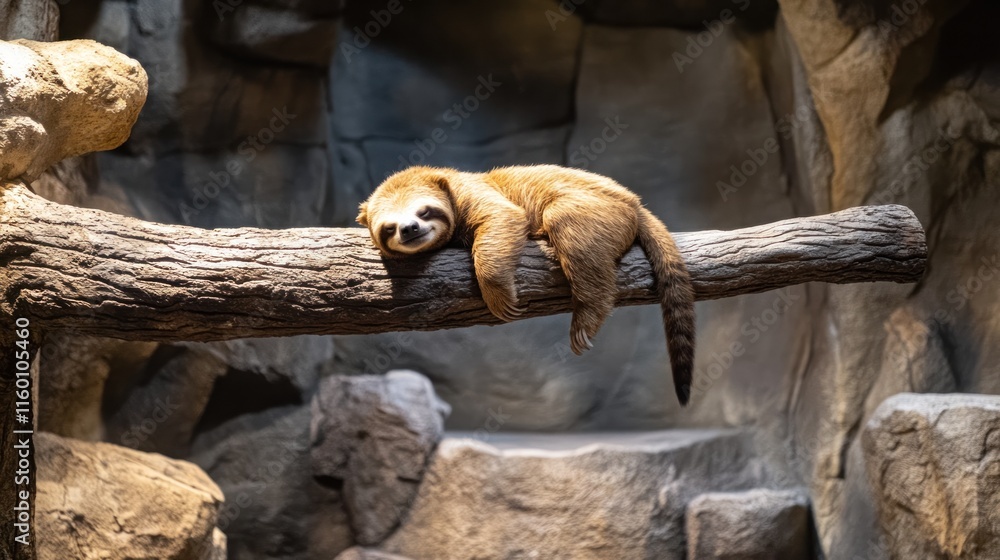 Poster a sloth rests languidly on a thick branch in a dimly lit enclosure.