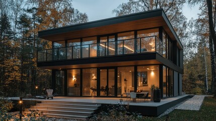 Fototapeta premium Modern Architectural Home Surrounded by Autumn Forest at Dusk