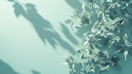 Soft light casts shadows on delicate, silvery-green leaves arranged on a pastel green background, creating a serene and minimalist botanical scene.