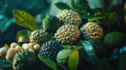Exotic fruits and leaves on dark wood.