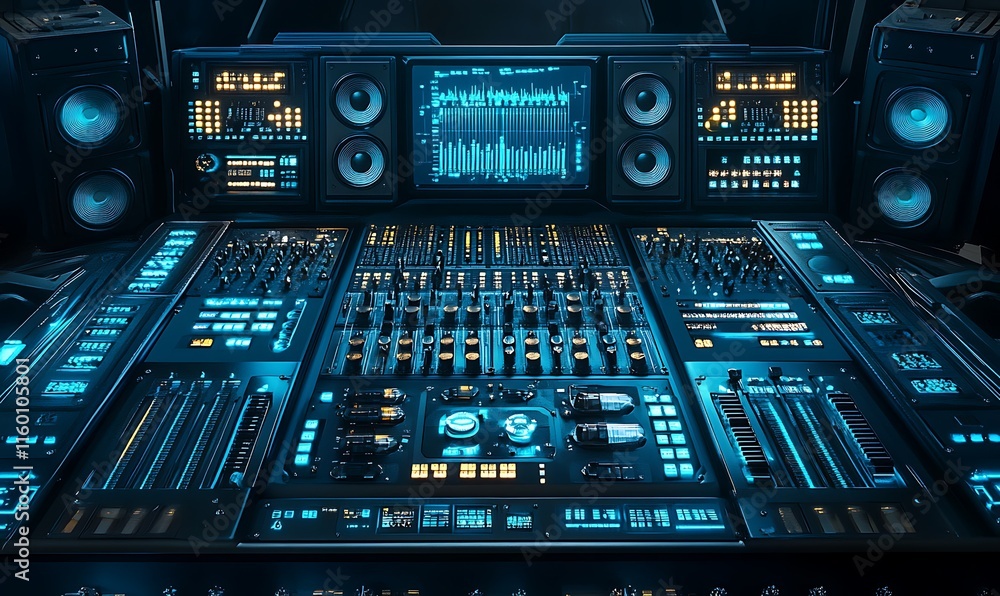 Poster a futuristic control panel with illuminated buttons and screens for audio mixing.