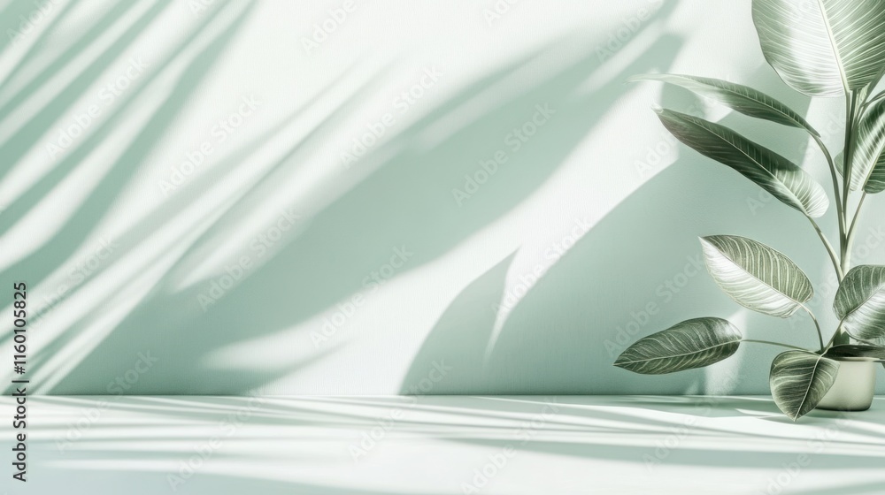 Poster minimalist scene with plant and shadows on a light green background.