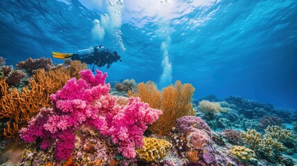 Naklejka premium An exhilarating scuba diving expedition in a vibrant coral reef, Diving equipment prepared on a boat deck, Underwater exploration style
