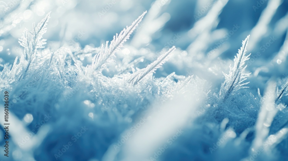 Aufkleber close-up of delicate ice crystals forming intricate patterns on a frosty surface.