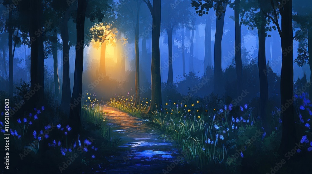 Poster magical forest path at night, illuminated by soft light, flowers lining the way.